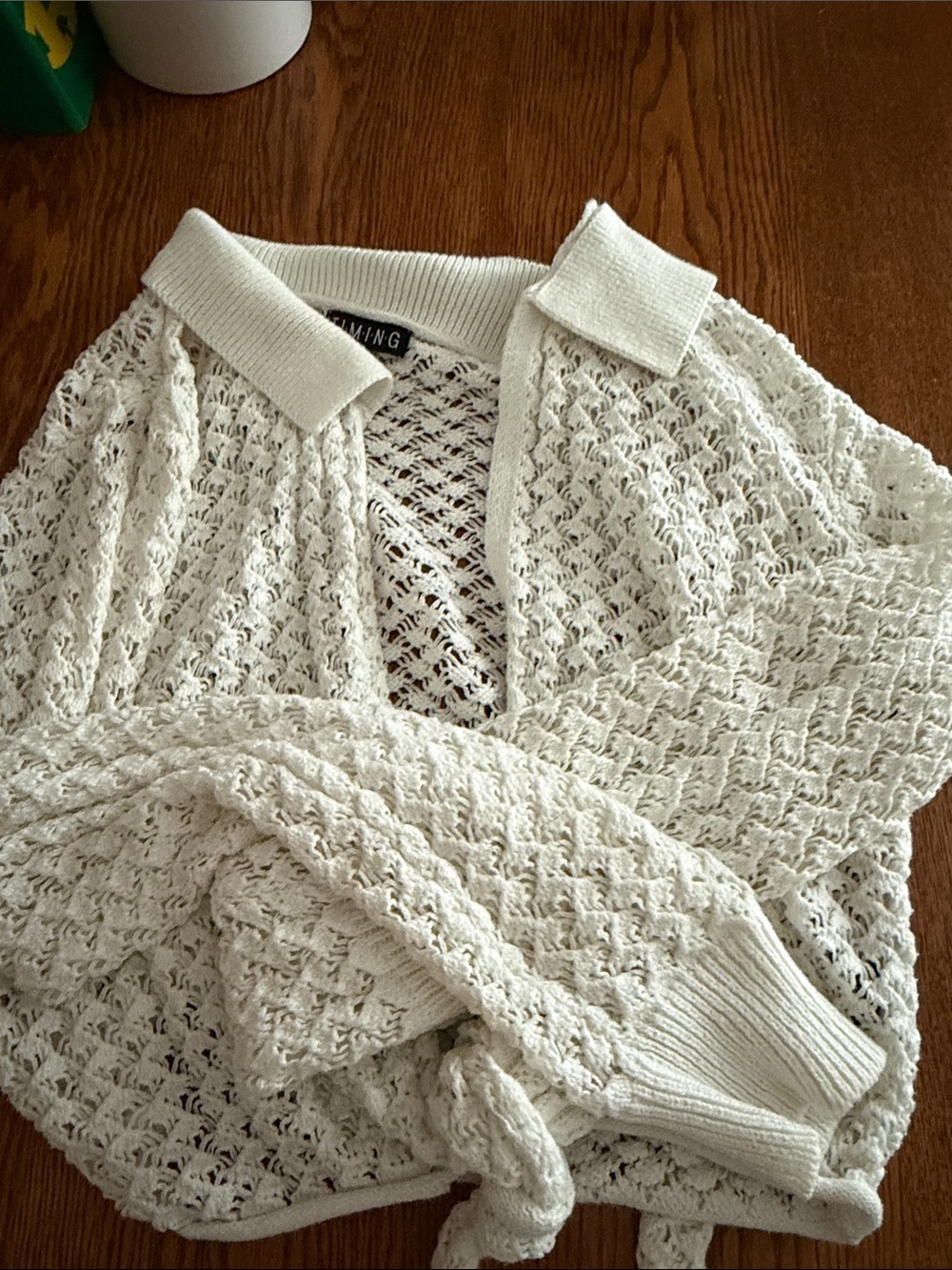 Lightweight Open-Knit Collared Sweater Cardigan - Cream